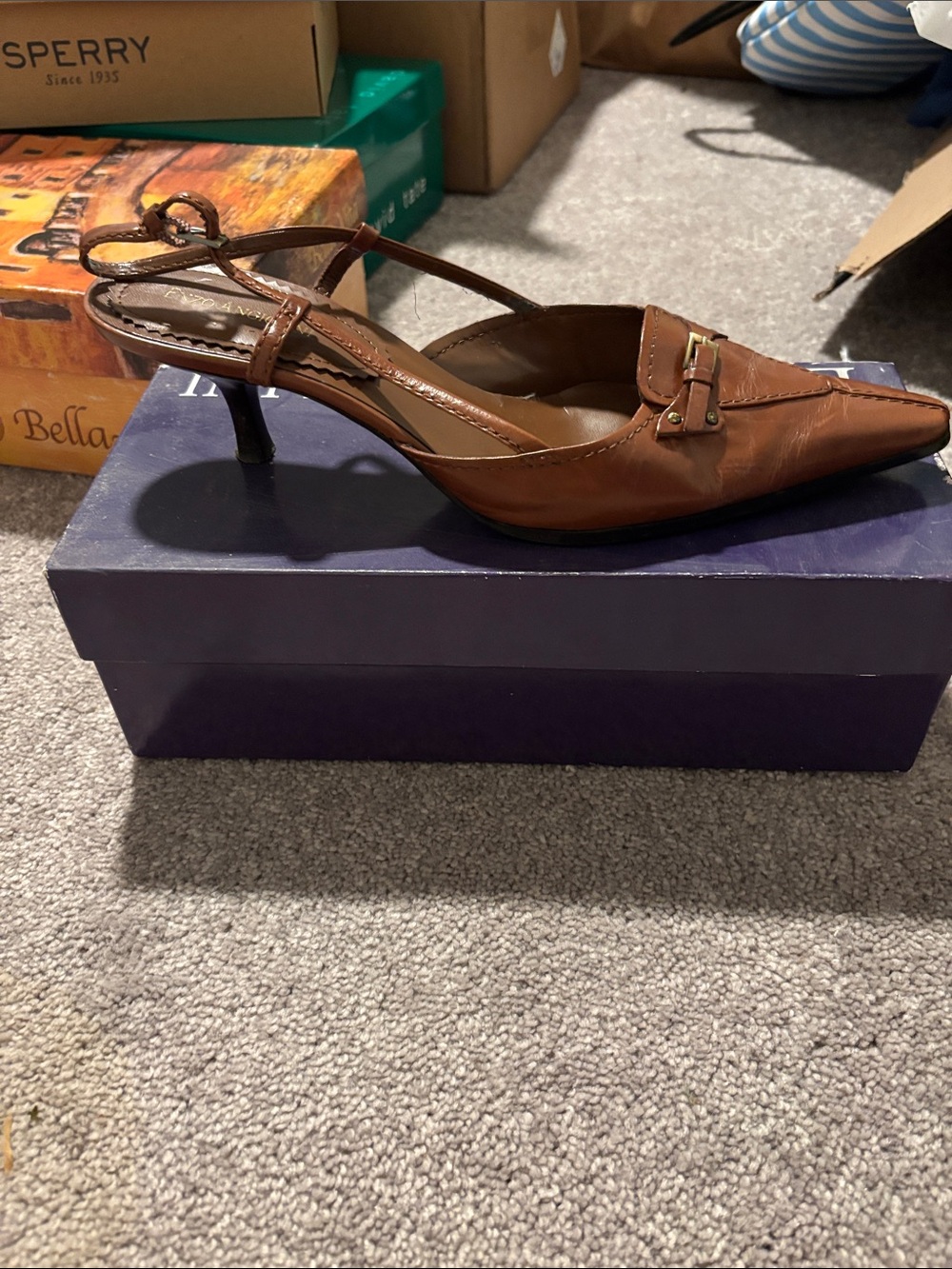 Enzo Angiolini Brown Pointed-Toe Slingback Heels with Gold Buckle